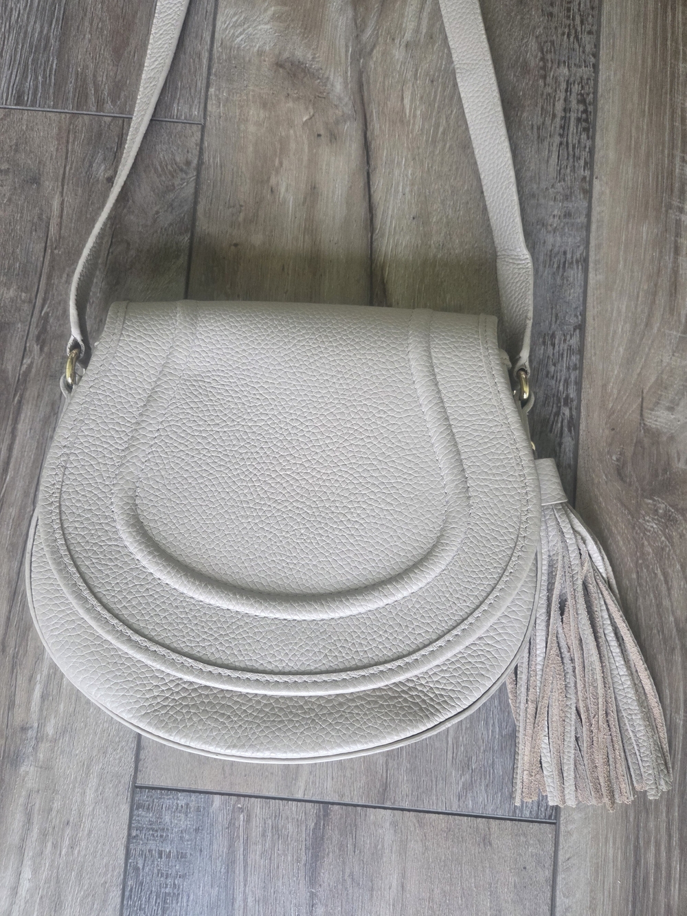GiGi New York Jenni Pebbled Leather Crossbody Saddle Bag w/ Tassel In Stone